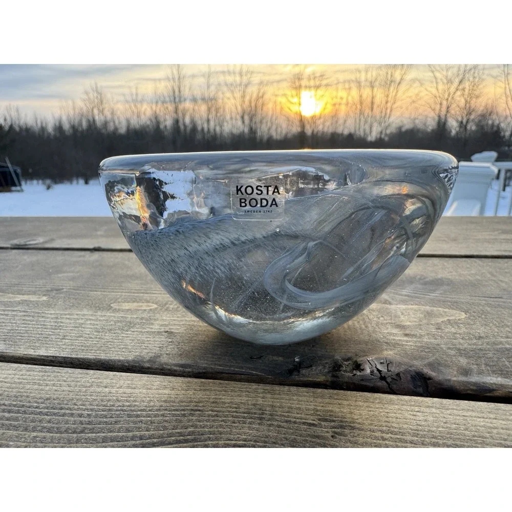 Kosta Boda Art Glass Grey Smoke Swirl Atoll Candle Votive Bowl Scandinavian